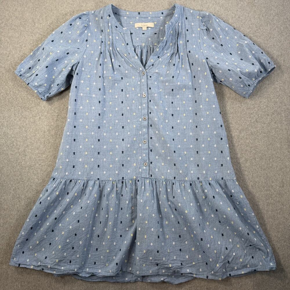 LOFT Women's Medium Blue Swiss Dot Chambray Button Front Dress Short Sleeve